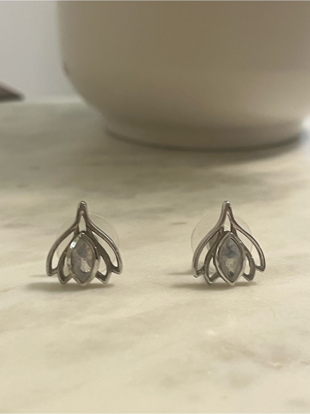 Sterling Silver Moonstone Lotus Stud Earrings - White